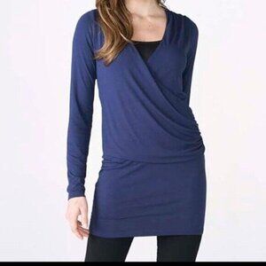 Ruby Ribbon Vivan Tunic Top Size Small Blue Faux Wrap Stretch Navy Blue Casual